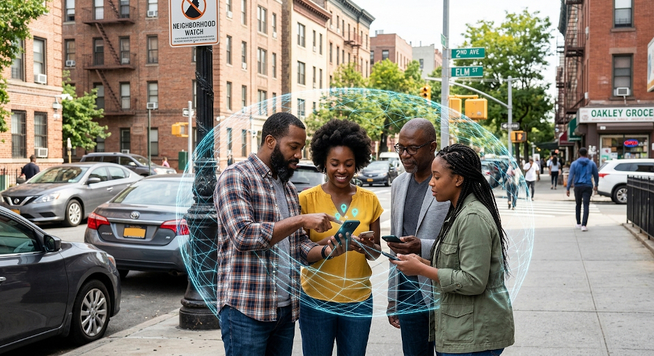 Neighbors checking their phones together on a city sidewalk, connected by the mesh network